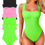 OQQ Women's 3 Piece Bodysuits Sexy Ribbed Strappy Square Neck Sleeveless Tummy Control Tank Tops Bodysuits Black Fluore pink Fluore green
