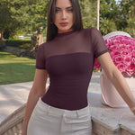 OQQ Women Short Sleeve Bodysuit Tummy Control Shapewear Mesh One Piece Leotard Shirts Going Out Tops Darkpurple