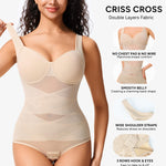 Nebility Shapewear Bodysuit for Women Tummy Control Waist Trainer Backless Body Shaper V-Neck with Built in Bra(Beige,Small)