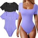 OQQ Women's 2 Piece Bodysuits Sexy Ribbed One Piece Square Neck Short Sleeve Bodysuits