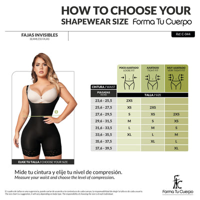 Forma Tu Cuerpo, Fajas Colombianas, Unnoticeable, Open Bust Bodysuit Mid Thigh, Straps, Black. (Ref. C-044) (L)