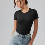 OQQ Women's Crew Neck Short Sleeve Bodysuit Ruched Stretch Vacation Basic for Tops Spring & Summer Black