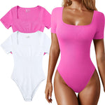 OQQ Women's 2 Piece Bodysuits Sexy Ribbed One Piece Square Neck Short Sleeve Bodysuits