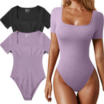 OQQ Women's 2 Piece Bodysuits Sexy Ribbed One Piece Square Neck Short Sleeve Bodysuits