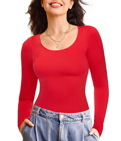 Nebility Tummy Control Shaperwear for Women Long Sleeve T Shirts Compression Tank Tops Scoop Neck Seamless Body Shaper(Red,Small)