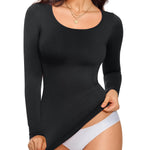 Nebility Tummy Control Shaperwear for Women Long Sleeve T Shirts Compression Tank Tops Scoop Neck Seamless Body Shaper(Black,Large)