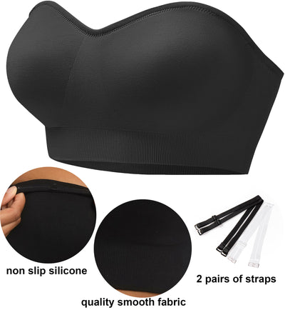 PRETTYWELL Strapless Bra for Women Comfort Non-Slip Seamless Padded Bandeau Bras Wireless Tube Top Bra with Multi-Way Straps Black