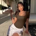 OQQ Women's 2 Piece Bodysuits Sexy Ribbed One Piece Square Neck Short Sleeve Bodysuits Black Coffee