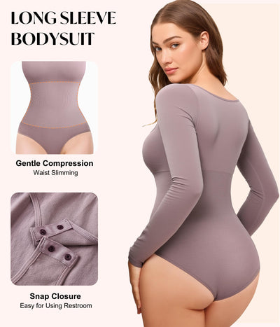 CYDREAM Long Sleeve Bodysuits for Women - Square Neck Shapewear Bodysuit Tops Going Out Body Suits Shirt Leotard (Purple Brown, Medium)