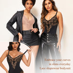 Werena Lace Tummy Control Shapewear Bodysuit for Women Slimming Body Shaper V Neck Sculpting Thong Bodysuit(A#02 Black+Beige(Sculpting),3X-Large)