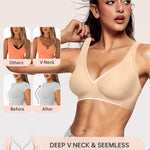 OEAK Womens Deep V Bras Comfortable Bra Support Push Up Bralettes Low Cut no Underwire Bra Plunge Seamless Tshirts Bras XXL Beige