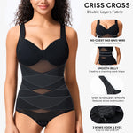 Nebility Shapewear Bodysuit for Women Tummy Control Waist Trainer Backless Body Shaper V-Neck with Built in Bra(Black,Small)