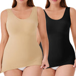 VELISDE Women Plus Size Shapewear Tank Top Tummy Control Compression Tank Crew Neck Camisole Seamless Body Shaper Cami Tops(Black+Beige,3XL)