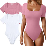 OQQ Women's 2 Piece Bodysuits Sexy Ribbed One Piece Square Neck Short Sleeve Bodysuits