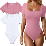 OQQ Women's 2 Piece Bodysuits Sexy Ribbed One Piece Square Neck Short Sleeve Bodysuits Dusty pink White
