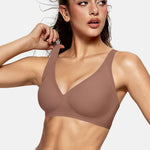 OEAK Womens Deep V Bras Wireless Comfortable Bra Supportive No Underwire Bras Tshirt Push Up Bralettes Plunge Seamless Bra Coffee M