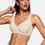 OEAK Womens Deep V Bras Wireless Comfortable Bra Supportive No Underwire Bras Tshirt Push Up Bralettes Plunge Seamless Bra Champagne XL