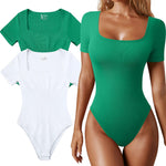 OQQ Women's 2 Piece Bodysuits Sexy Ribbed One Piece Square Neck Short Sleeve Bodysuits