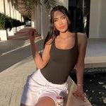 OQQ Women's 3 Piece Bodysuits Sexy Ribbed Sleeveless Square Neck Tank Tops Leotard 2025 Trendy Outfits Black Darkbrown Beige