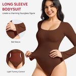 Nebility Brown Long Sleeve Bodysuits for Women Shapewear Square Neck Body Suits Bell Sleeves(Large,Brown)