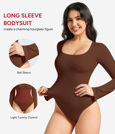 Nebility Brown Long Sleeve Bodysuits for Women Shapewear Square Neck Body Suits Bell Sleeves(Large,Brown)