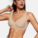 OEAK Womens Deep V Bras Wireless Comfortable Bra Supportive No Underwire Bras Tshirt Push Up Bralettes Plunge Seamless Bra Dark Beige L