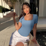 OQQ Women's 2 Piece Bodysuits Sexy Ribbed One Piece Square Neck Short Sleeve Bodysuits Blue Beige