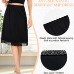 Lovasy 2 Pieces Half Slips for Women Long Underskirt Anti Static Satin Under Skirt with Floral Lace Trim Slip Dress for Skirts Dresses Black & White,X-Large
