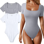 OQQ Women's 2 Piece Bodysuits Sexy Ribbed One Piece Square Neck Short Sleeve Bodysuits