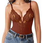 Popilush Bodysuits for Women Tummy Control Lace Shapewear V Neck Sleeveless Bodysuit Tops Low Back Body Suit