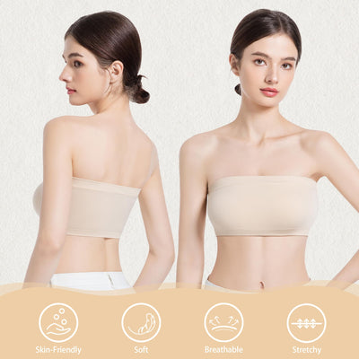 ONEW Strapless Bandeau Bras for Women Seamless Wireless Tube Top Non-Padded Bralette with Clear Bra Straps,Beige,Large