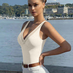OQQ Women's Sexy V Neck Mesh Thong Bodysuit Tummy Control Bodysuits Top Beige