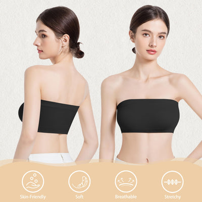 ONEW Strapless Bandeau Bras for Women Seamless Wireless Tube Top Non-Padded Bralette with Clear Bra Straps,Black,X-Large