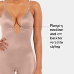 SPANX SPANXshape Suit Your Fancy Plunge Low-Back Mid-Thigh Bodysuit - Comfortable One Piece - Medium Compression - Seamless - Cafe Au Lait - Medium