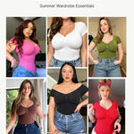FeelinGirl Bodysuit for Women Tummy Control Women's Short Sleeve V Neck Sexy Tops for Going Out Thong Bodysuit for Womens Rust Red L