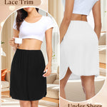 Wikoan 2 Pcs Women Half Slip for Under Dresses Lace Trim Short Under Slips Dress with Side Slit for Underskirt,White & Black,L
