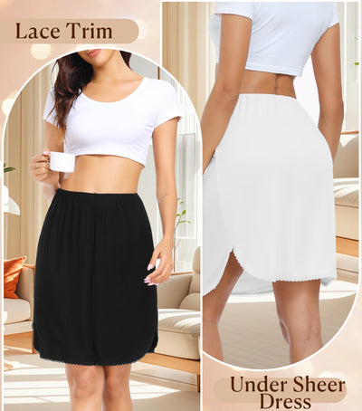 Wikoan 2 Pcs Women Half Slip for Under Dresses Lace Trim Short Under Slips Dress with Side Slit for Underskirt,White & Black,L