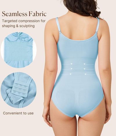 BRABIC Bodysuit Shapewear for Women Tummy Control Panties Seamless Sleeveless Tops V-Neck Camisole Jumpsuit (Blue Brief, Medium/Large)