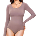 Nebility Long Sleeve Bodysuit for Women Tummy Control Crew Neck Body Suits Tops Slim Fit (Purple Brown, X-Large)