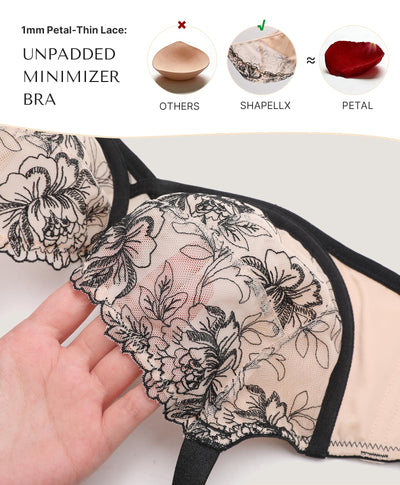 SHAPELLX Lace Bras for Women Unlined, Minimizer Push Up Bra with Underwire for Heavy Breast, Up to H Cup (Beige 40C)