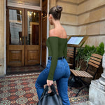 OQQ Bodysuits Womens Off-Shoulder Long Sleeve Seamless Shapewear Tops Armygreen