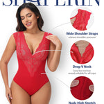 SHAPERIN Sexy Deep V Neck Lace Bodysuit for Women Tank Top Thong Shapewear Tummy Control Body Suits Going Out Corset Tops Red L