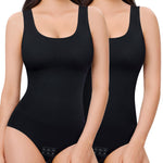 Nebility Women's 2 Piece Bodysuit Shapewear Tummy Control Seamless Round Neck Body Shaper Tank Top BodySuit(Black 2pk,X-Small-Small)