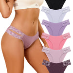FINETOO Seamless Underwear for Women Cheeky Bikini Panties High Cut V-waist Lace Underwear Women Cute Bikinis 6 Pack