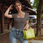 OQQ Women's 2 Piece Bodysuits Sexy Ribbed One Piece Square Neck Short Sleeve Bodysuits Tea leaf Beige