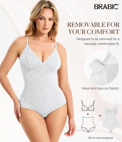 BRABIC Lace Bodysuit for Women Tummy Control Shapewear Sleeveless Tops V-Neck Backless Camisole Jumpsuit Shaper (White, Large)