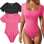 OQQ Women's 2 Piece Bodysuits Sexy Ribbed One Piece Square Neck Short Sleeve Bodysuits