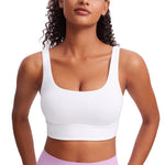 CRZ YOGA Butterluxe Womens U Back Sports Bra - Scoop Neck Padded Low Impact Yoga Clothes Workout Crop Top with Built in Pads White Medium