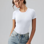 OQQ Women's Crew Neck Short Sleeve Bodysuit Ruched Stretch Vacation Basic for Tops Spring & Summer White