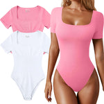 OQQ Women's 2 Piece Bodysuits Sexy Ribbed One Piece Square Neck Short Sleeve Bodysuits